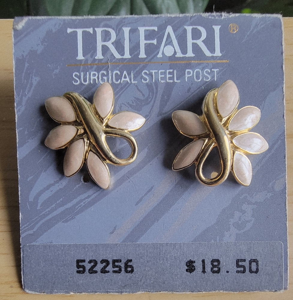 Vintage Trifari Gold and Pink Enamel Petal Earrings